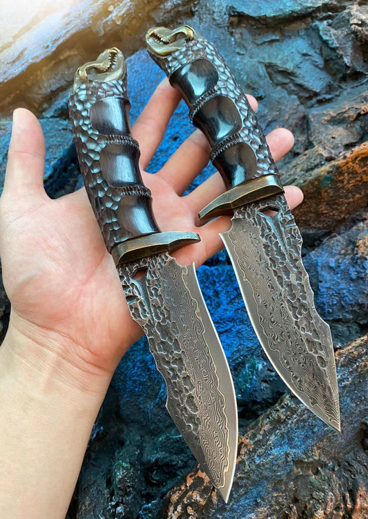 Damascus Fixed Blade VG10 Steel Hunting Knife Art Handcrafted Ebony Black Tyrannosaurus rex - AK-HT0662