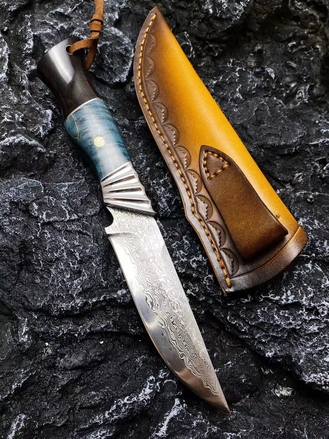 Damascus Survival Outdoor Camping Hunting Knife Fixed Blade w/ Sheath - AK-HT0394