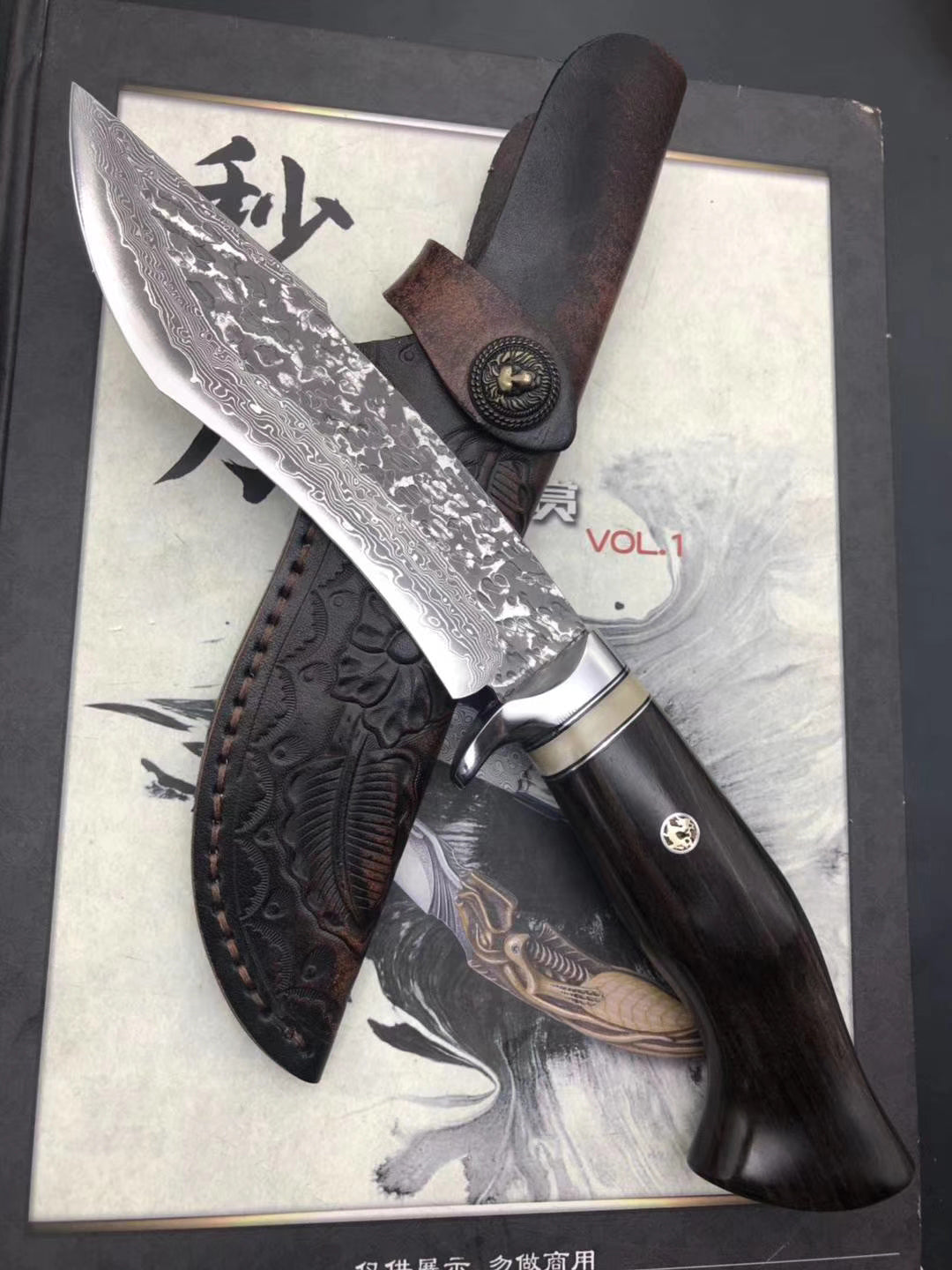 VG10 Damascus Steel Ebony Wood Straight Hunting Outdoor Sheath Camping Gear - AK-HT0677