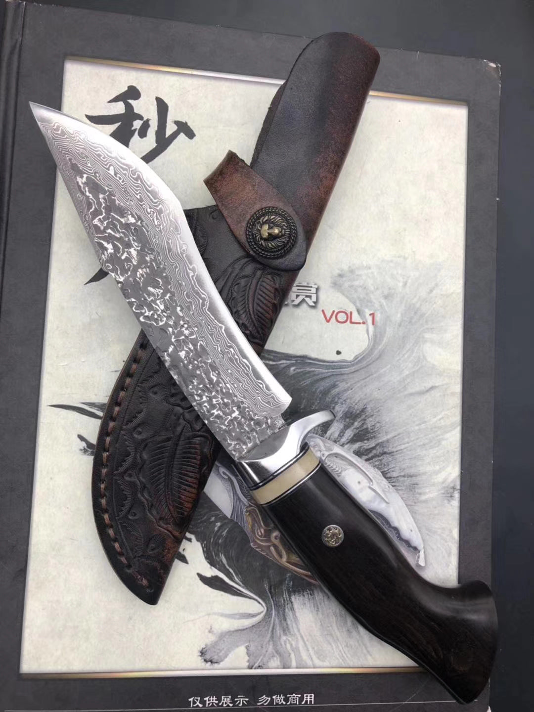 VG10 Damascus Steel Ebony Wood Straight Hunting Outdoor Sheath Camping Gear - AK-HT0677