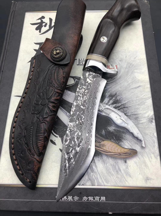 VG10 Damascus Steel Ebony Wood Straight Hunting Outdoor Sheath Camping Gear - AK-HT0677