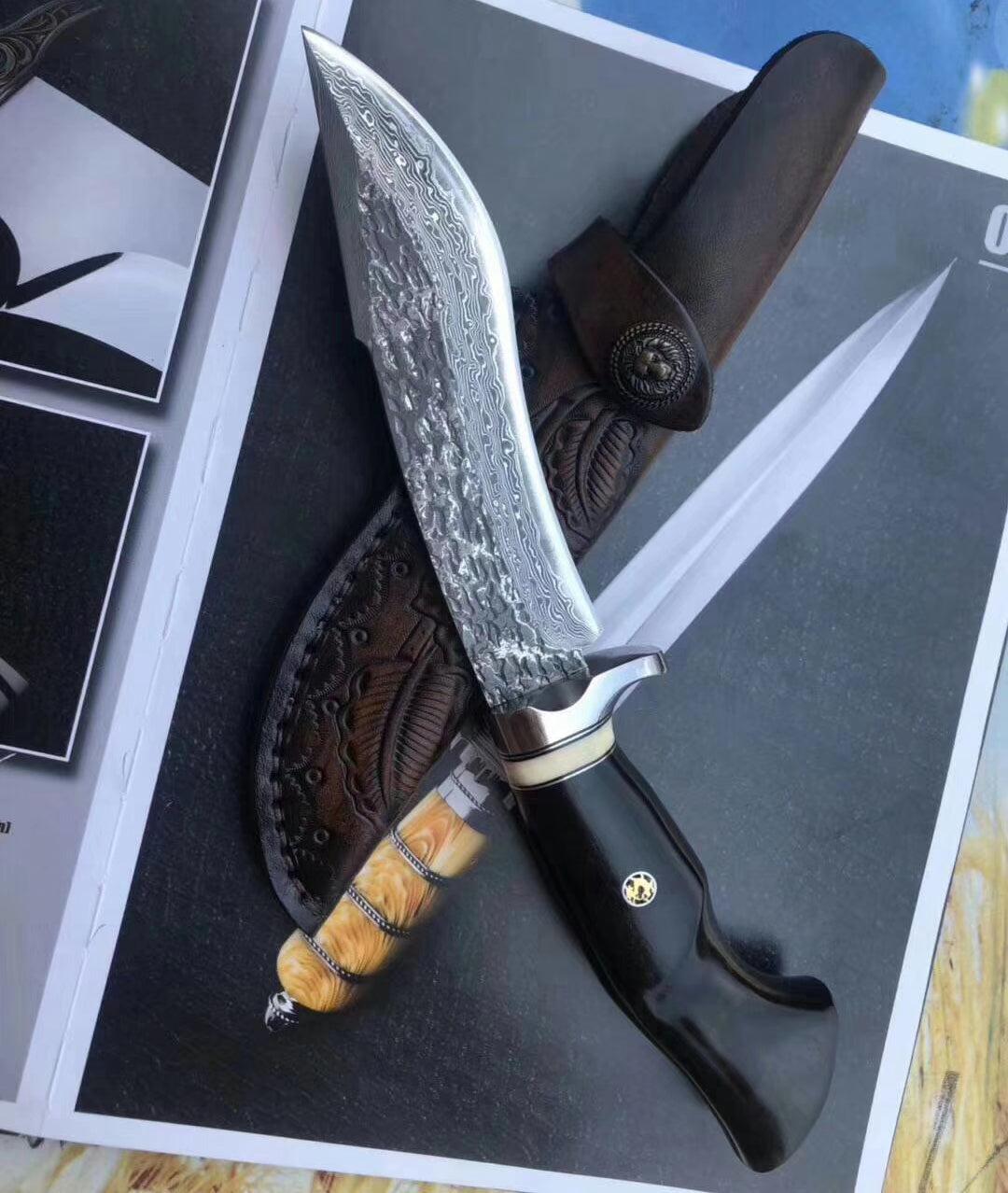 VG10 Damascus Steel Ebony Wood Straight Hunting Outdoor Sheath Camping Gear - AK-HT0677