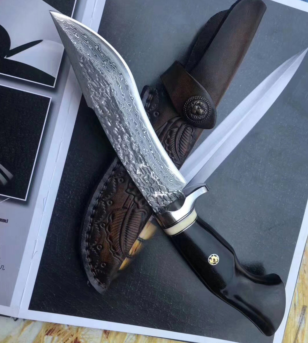 VG10 Damascus Steel Ebony Wood Straight Hunting Outdoor Sheath Camping Gear - AK-HT0677