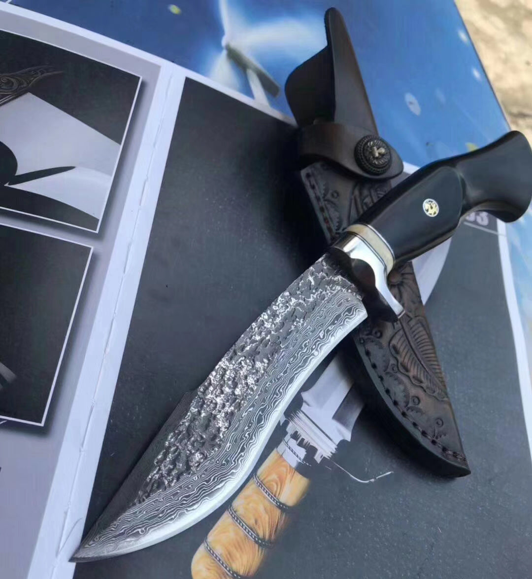 VG10 Damascus Steel Ebony Wood Straight Hunting Outdoor Sheath Camping Gear - AK-HT0677