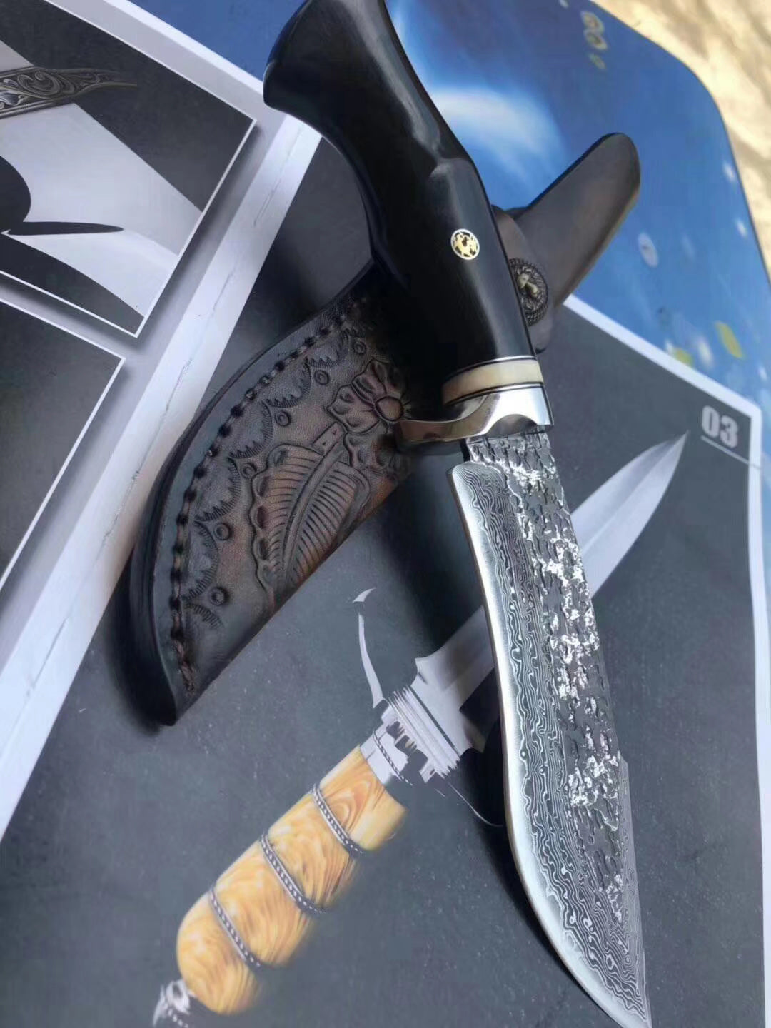 VG10 Damascus Steel Ebony Wood Straight Hunting Outdoor Sheath Camping Gear - AK-HT0677