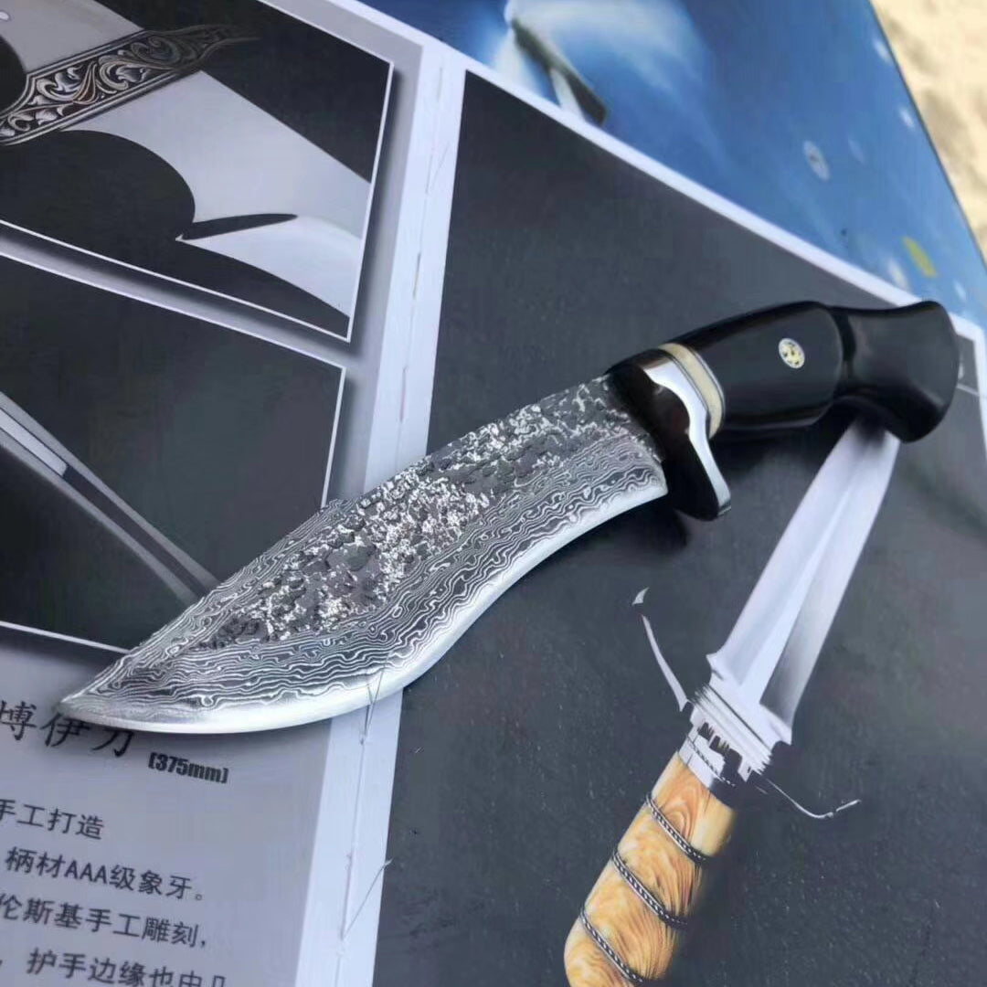 VG10 Damascus Steel Ebony Wood Straight Hunting Outdoor Sheath Camping Gear - AK-HT0677