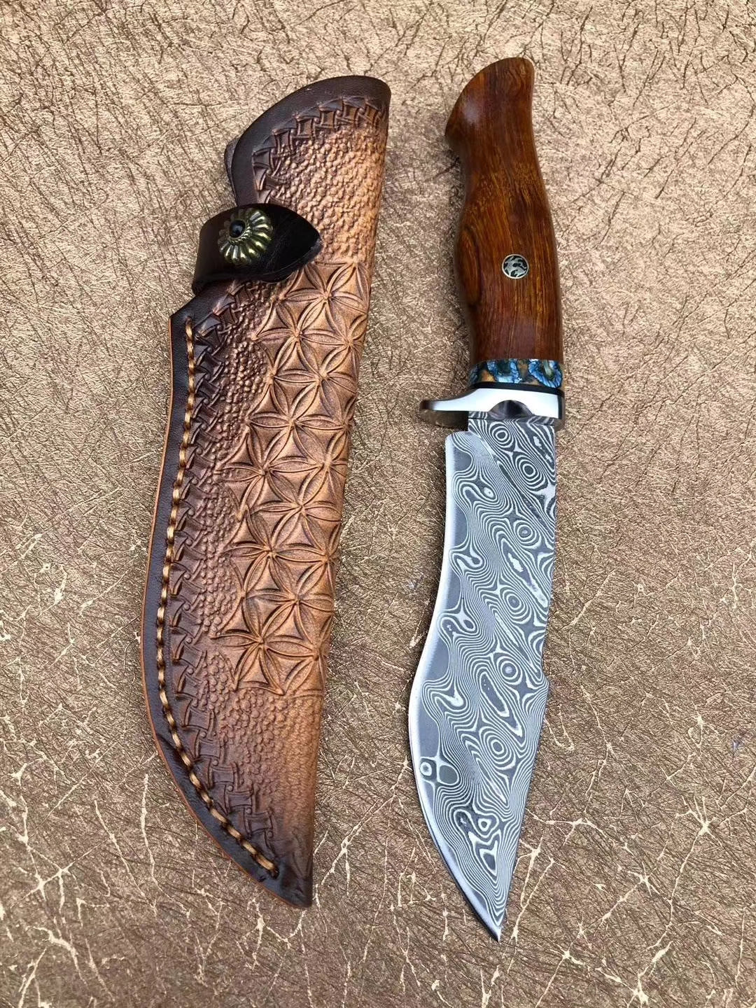 Handmade Damascus Hunting Knife Fixed Blade Rescue Survival Gear Tactical Bowie - AK-HT0516-B