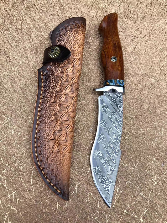 Handmade Damascus Hunting Knife Fixed Blade Rescue Survival Gear Tactical Bowie - AK-HT0516-B