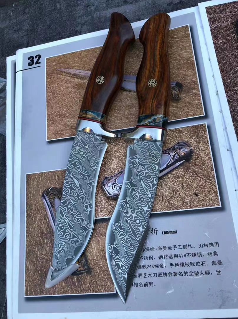 Handmade Damascus Hunting Knife Fixed Blade Rescue Survival Gear Tactical Bowie - AK-HT0516-B