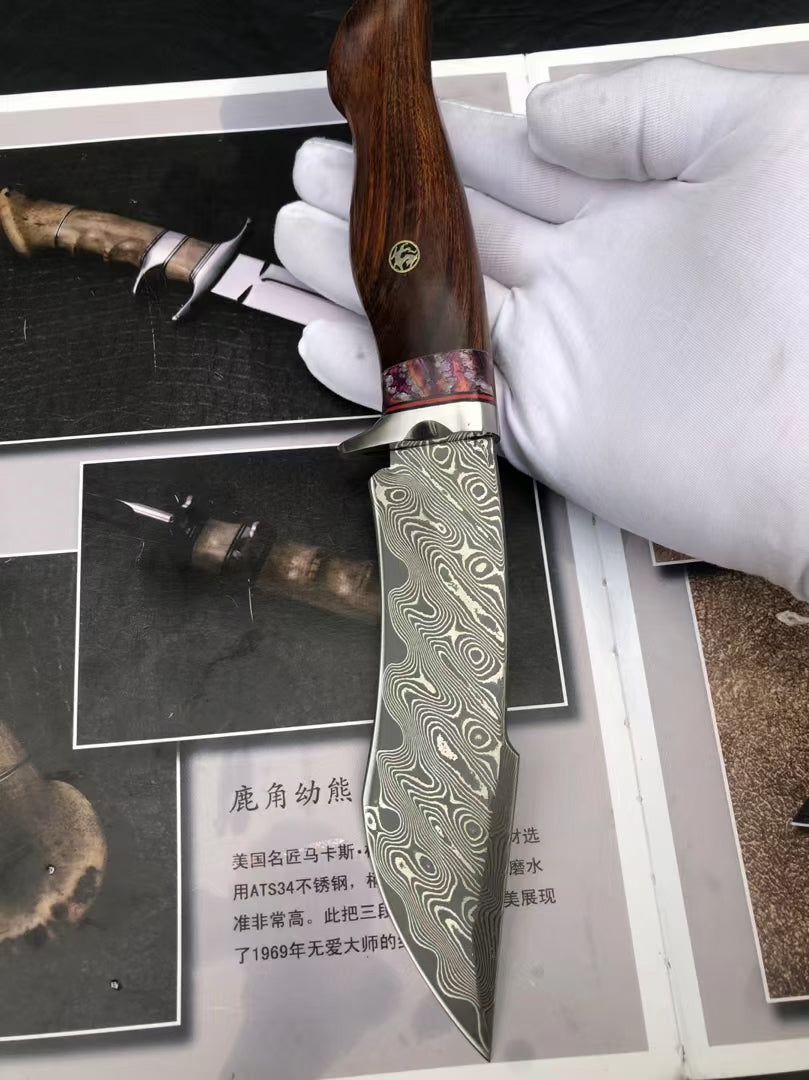 Handmade Damascus Hunting Knife Fixed Blade Rescue Survival Gear Tactical Bowie - AK-HT0516-B