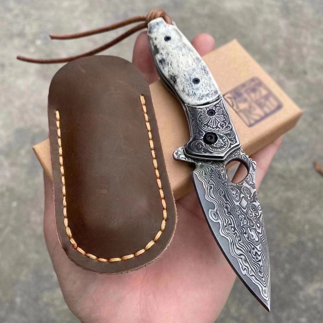 VG10 Damascus Hunting Knife Black Folding Knife Camping Rescue Bone/Wood Handle- AK-HT0511