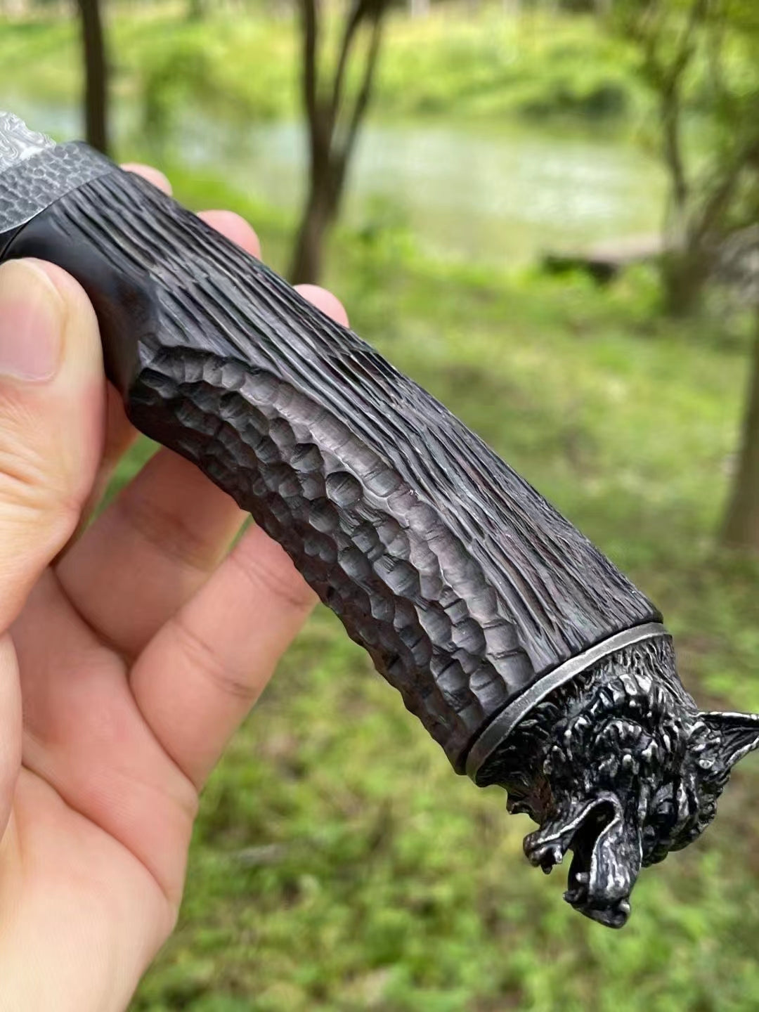 Hunting Damascus Bowie Knife Rescue Survival Knife Collectible Handmade Knife Wolf Head - AK-HT0708