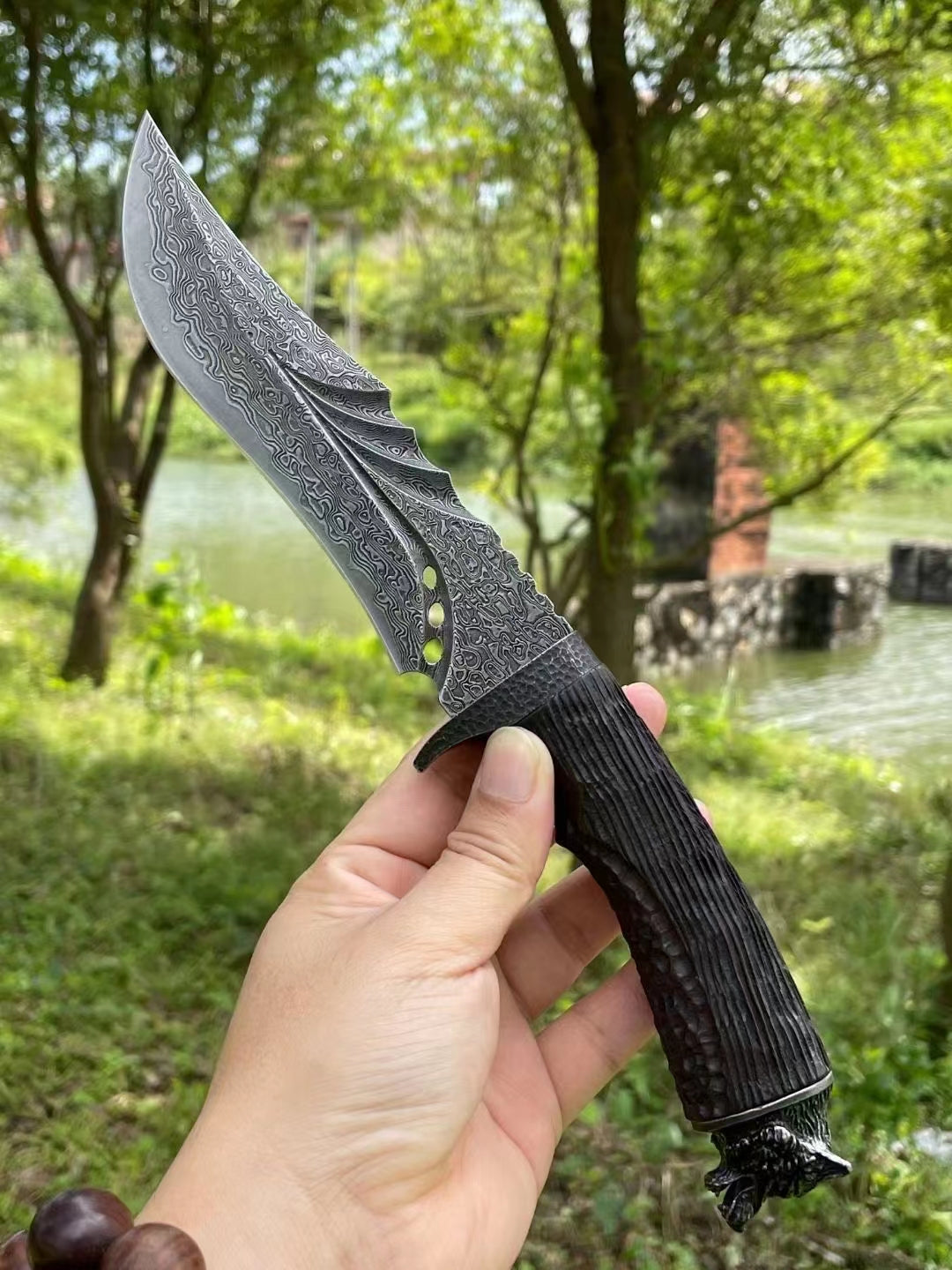 Hunting Damascus Bowie Knife Rescue Survival Knife Collectible Handmade Knife Wolf Head - AK-HT0708