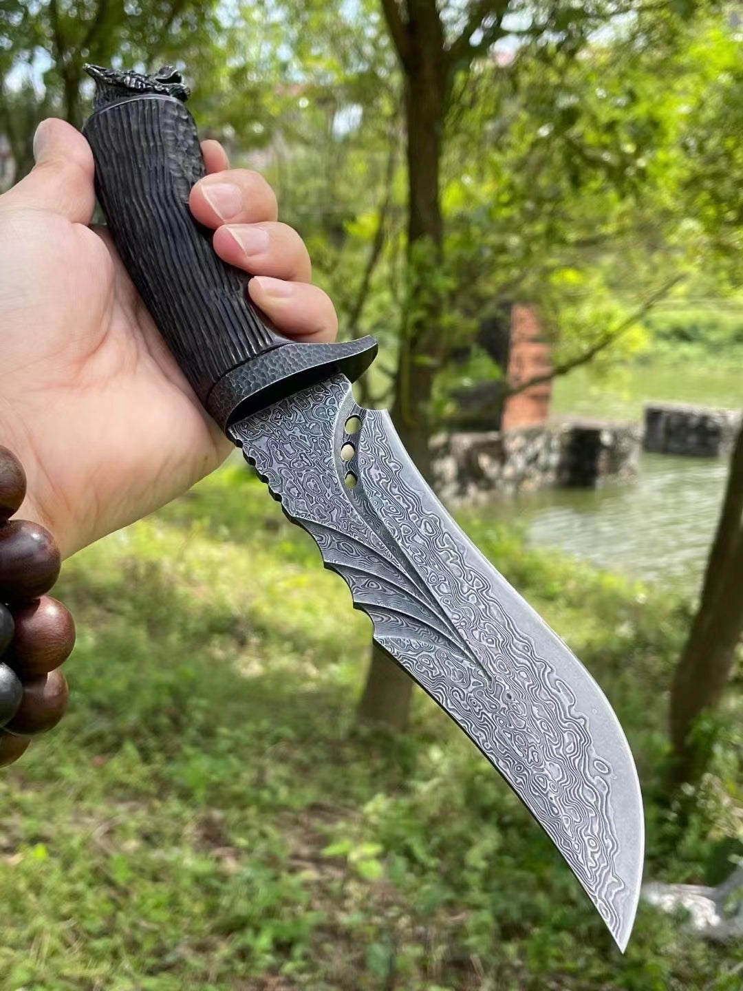 Hunting Damascus Bowie Knife Rescue Survival Knife Collectible Handmade Knife Wolf Head - AK-HT0708