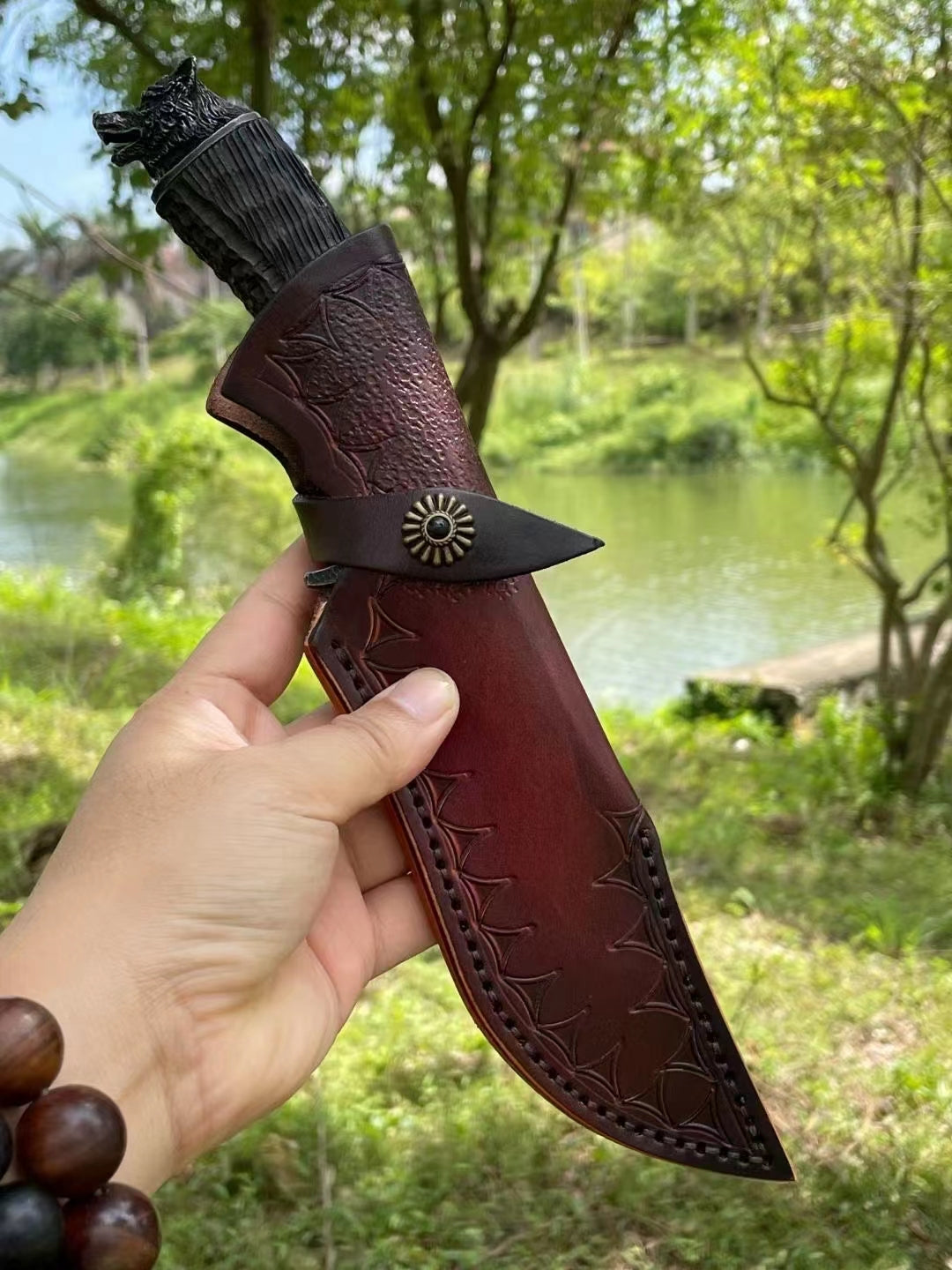 Hunting Damascus Bowie Knife Rescue Survival Knife Collectible Handmade Knife Wolf Head - AK-HT0708