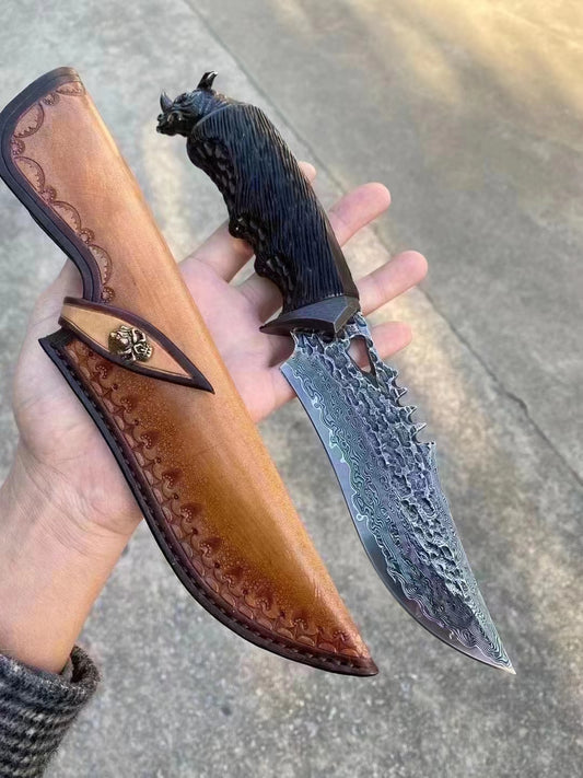 Damascus Fixed Blade VG10 Steel Hunting Knife Art Handcrafted Ebony Black Rhino -AK-HT0741