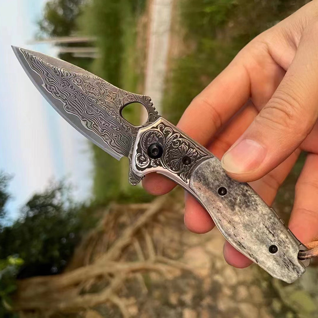 VG10 Damascus Hunting Knife Black Folding Knife Camping Rescue Bone/Wood Handle- AK-HT0511