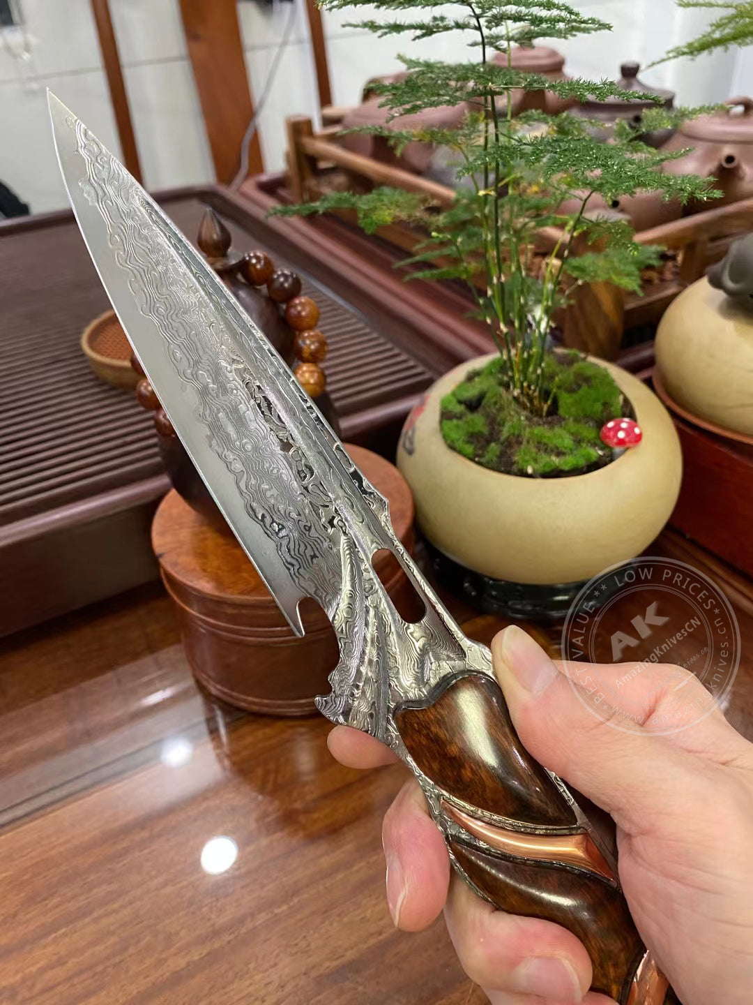 JAPANESE DAMASCUS VG10 HUNTING KNIFE BLOOD GROOVED FULL TANG - AK-HT0413