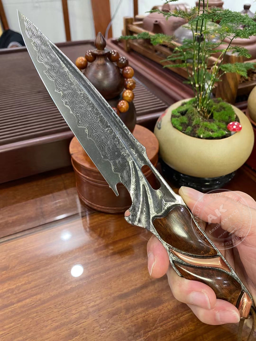 JAPANESE DAMASCUS VG10 HUNTING KNIFE BLOOD GROOVED FULL TANG - AK-HT0413