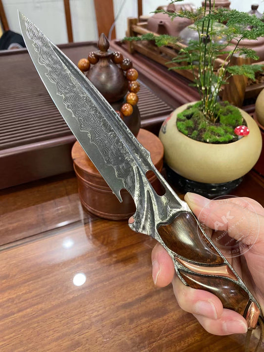 JAPANESE DAMASCUS VG10 HUNTING KNIFE BLOOD GROOVED FULL TANG - AK-HT0413