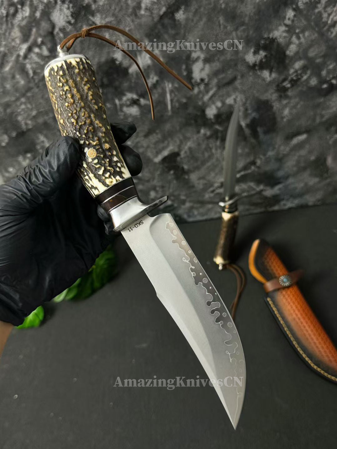 Handmade Japanese Skd-11 Steel Hunting Knife Survival Bowie Knife Full Tang Horn Handle - AK-HT0830