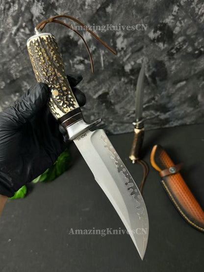 Handmade Japanese Skd-11 Steel Hunting Knife Survival Bowie Knife Full Tang Horn Handle - AK-HT0830