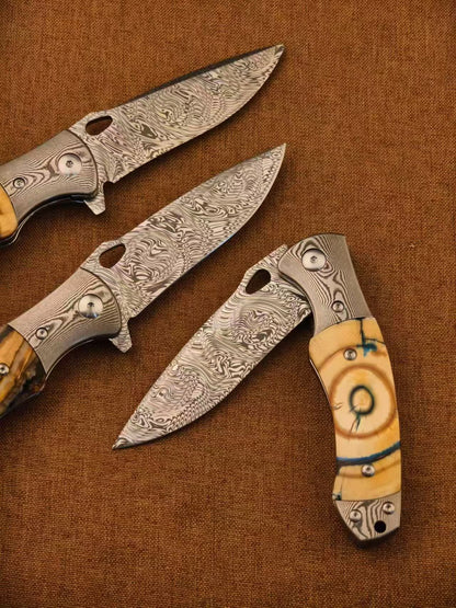 Handmade Powder Damascus Folding Knife – Mammoth Tooth Fossil Handle - AK-HT1069