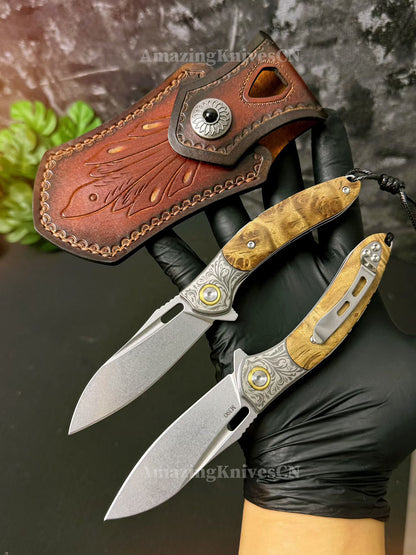 Desolate Horizon Blade – Handcrafted M390 Folding Knife with White Shadow Wood Handle - AK-HT1029