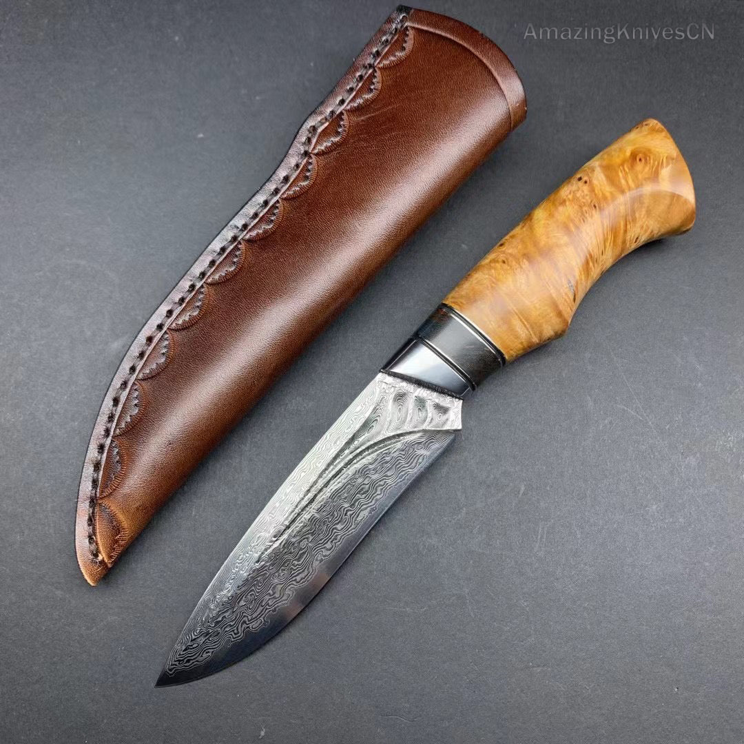 Handcrafted Damascus Vg10 Hunting Knife Survival Fixed Blade With Leather Sheath - AK-HT0935