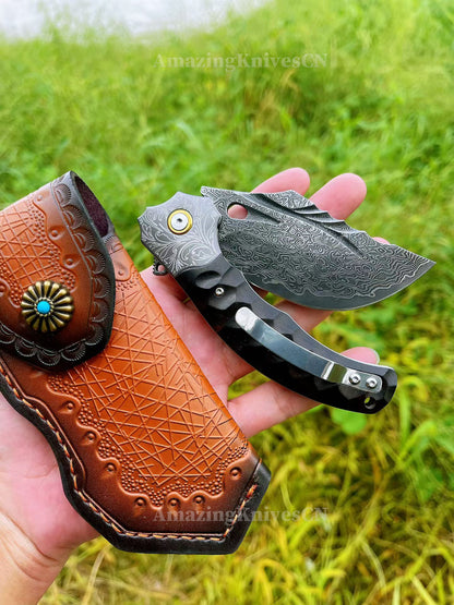 Heavy-Duty Damascus Folding Knife – VG10 Bearing Quick-Open, Ebony Handle, Collectors’ Edition - AK-HT1008