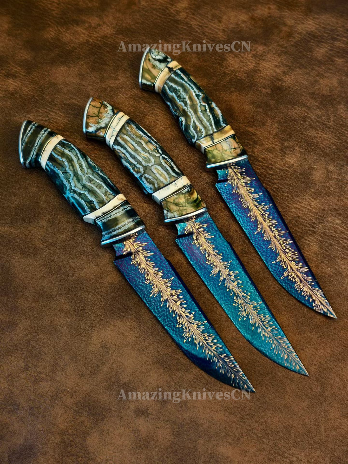 Top Tier Collectible Handforged Feather Damacus Steel Knife Mammoth Molar Fossil with Leather Sheath - AK-HT1026