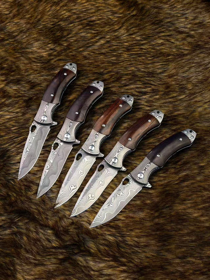 Handcrafted VG10 Damascus Steel Folding Knife Desert Ironwood Handle - AK-HT1073