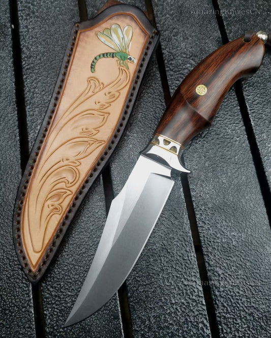 High Quality M390 Steel Bowie Knife Fixed Blade Ironwood Handle with Leather Sheath - AK-HT0853