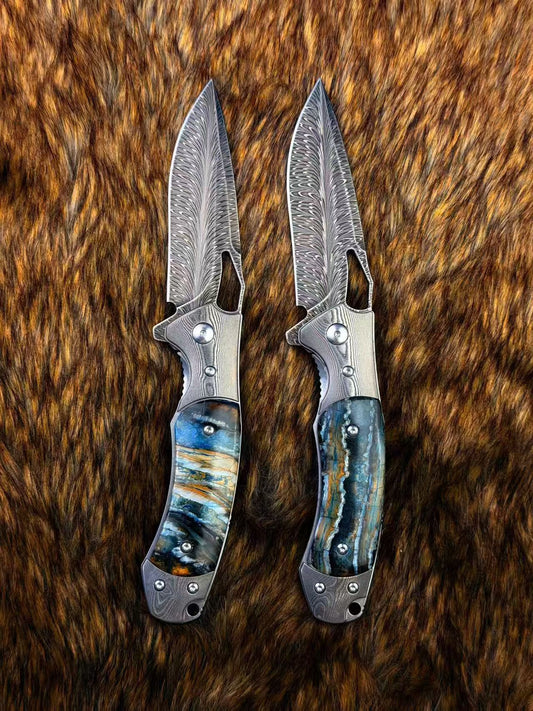 Hand Forged Feather Damascus Steel Folding Knife Mammoth Molar Fossil Handle - AK-HT1075