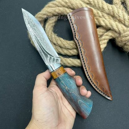 Handcrafted Damascus Vg10 Hunting Knife Survival Fixed Blade With Leather Sheath - AK-HT0935-S