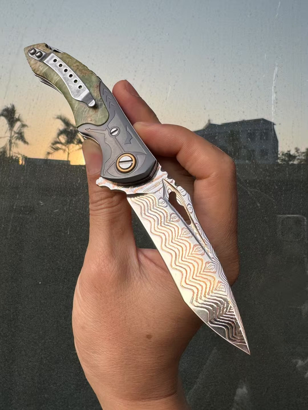 Artisan Folding Knife – Copper-Infused 67-Layer Damascus Steel, Stabilized Wood Handle - AK-HT1046