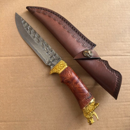 Handcrafted Collectible Damascus Hunting Knife Survival Knife Dragon Head Golden - AK-HT0941