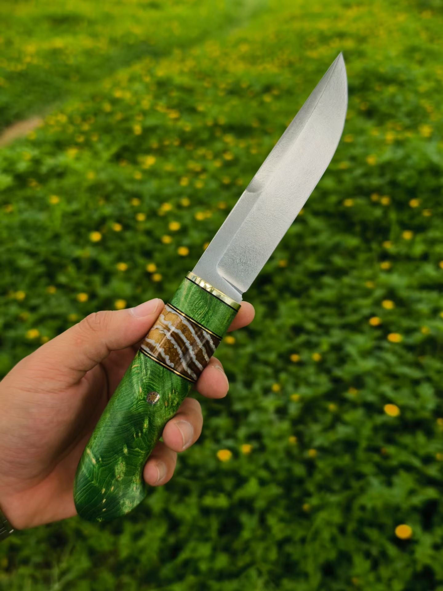Wootz Steel Knife – Polished Blade, Mammoth Molar Fossil & Stabilized Green Maple Burl Handle - AK-HT1052