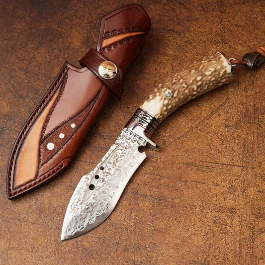 Handcrafted Hunting Knife – VG10 Damascus 67-Layer Steel, Deer Antler Handle, Artisan Leather Sheath - AK-HT1034