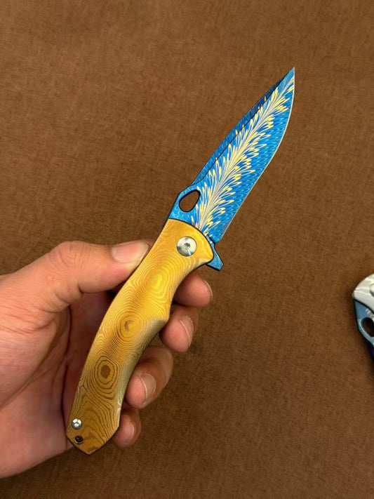 Feather Damascus Steel Folding Knife Aluminum Alloy Damascus Handle - AK-HT1074