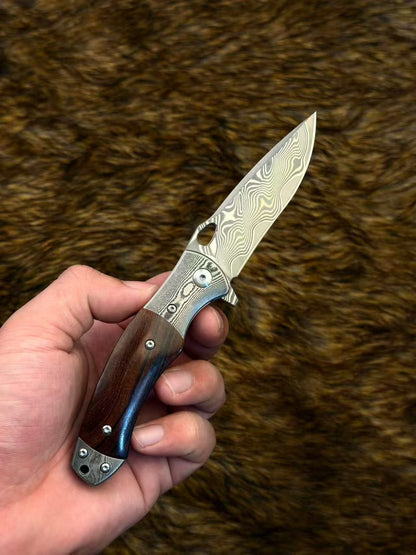 Handcrafted VG10 Damascus Steel Folding Knife Desert Ironwood Handle - AK-HT1073