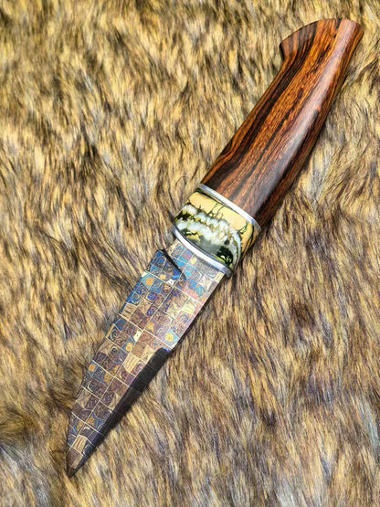 Blued Mosaic Damascus Fixed Blade Mammoth Molar Fossil & Desert Ironwood Edition - AK-HT1062