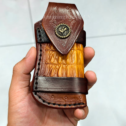 Collectible Nickel Damascus Folding Knife Pocket Knife with Leather Sheath - AK-HT1009