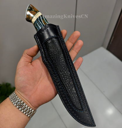 Top Tier Collectible Handforged Feather Damacus Steel Knife Mammoth Molar Fossil with Leather Sheath - AK-HT1026