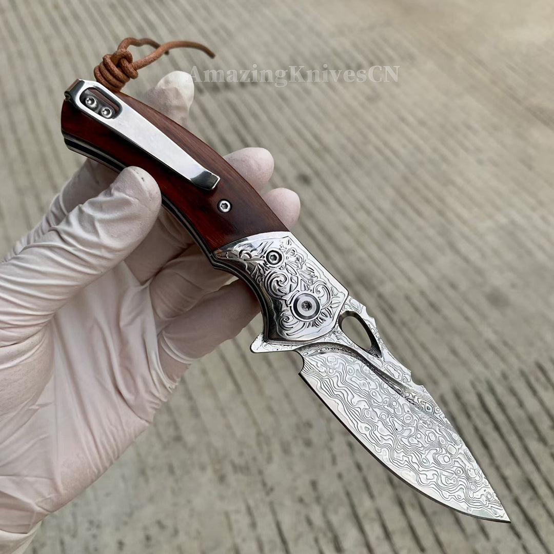 VG10 Damascus Steel Pocket Knife Desert Ironwood Handle Ball Bearing with Clip - AK-HT1012