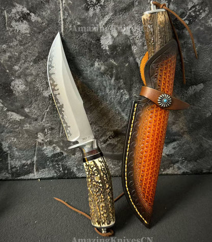 Handmade Japanese Skd-11 Steel Hunting Knife Survival Bowie Knife Full Tang Horn Handle - AK-HT0830
