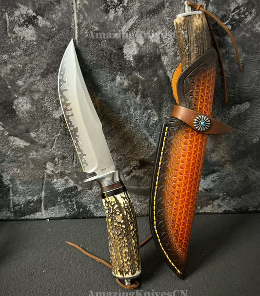Handmade Japanese Skd-11 Steel Hunting Knife Survival Bowie Knife Full Tang Horn Handle - AK-HT0830