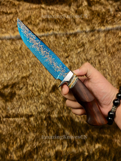 Top Tier Collectible Knife Luxury Handforged Feather Damacus Steel Bowie Knife with Leather Sheath - AK-HT1013