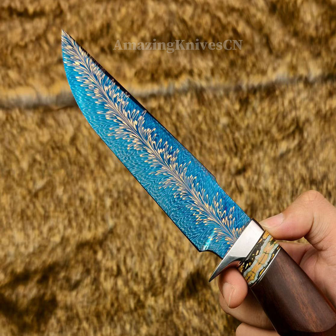 Top Tier Collectible Knife Luxury Handforged Feather Damacus Steel Bowie Knife with Leather Sheath - AK-HT1013