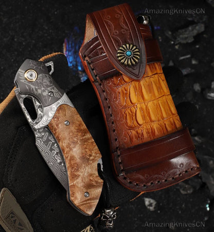 Handmade Japanese VG10 Damascus Pocket Knife Wood Handle Clip - AK-HT0940